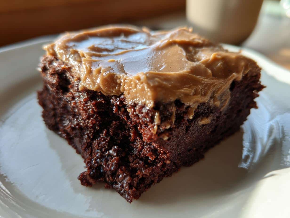 A close-up shot of a single Frosted Coffee Brownie on a white plate, showing its rich chocolate and creamy frosting.