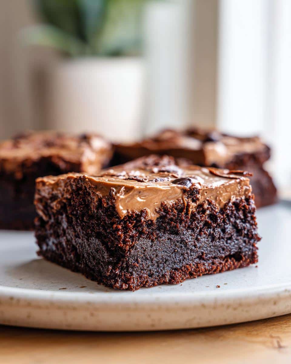 A close-up of a square Frosted Coffee Brownies on a white plate, showing its rich chocolate texture and creamy coffee frosting.