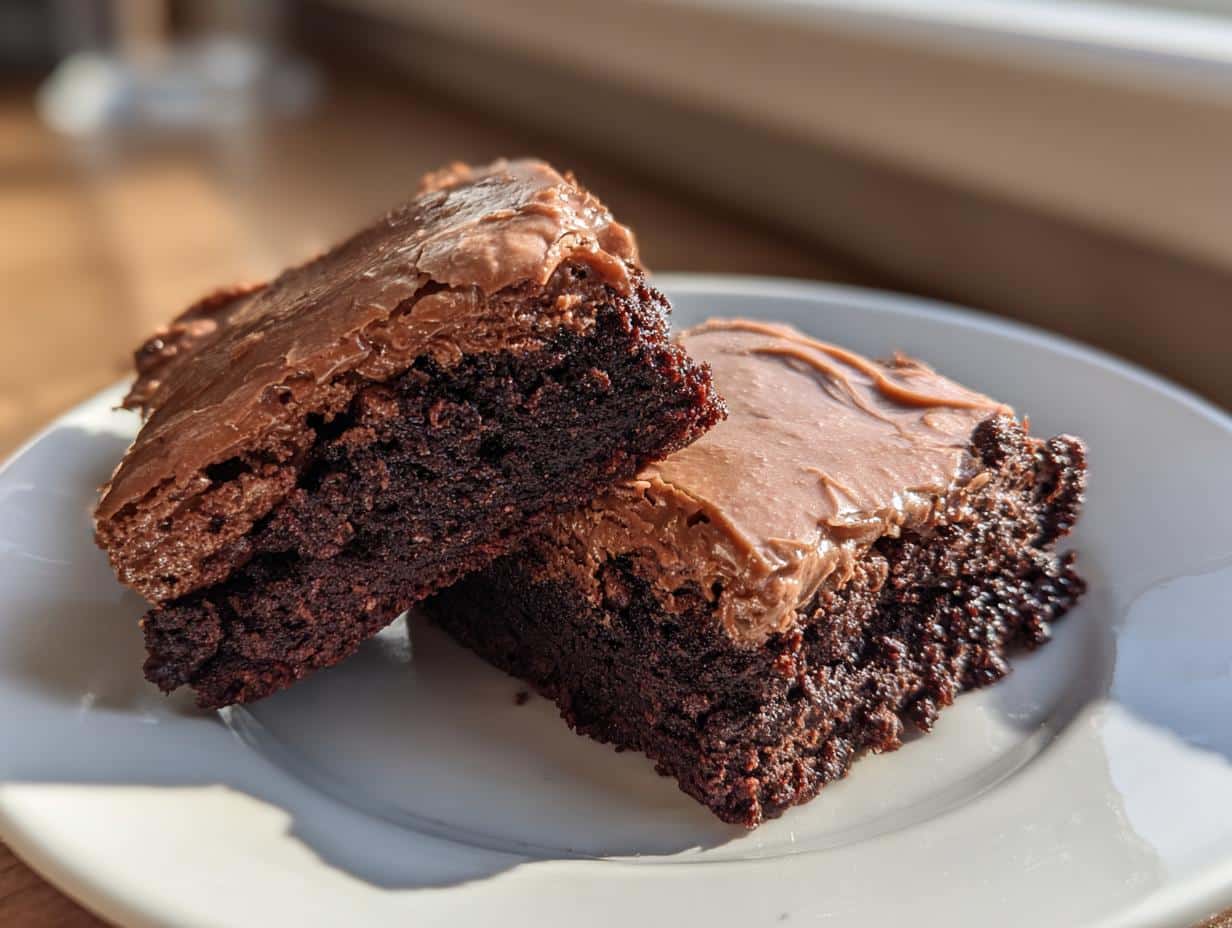 Two rich Frosted Coffee Brownies with chocolate frosting on a white plate, bathed in natural light.