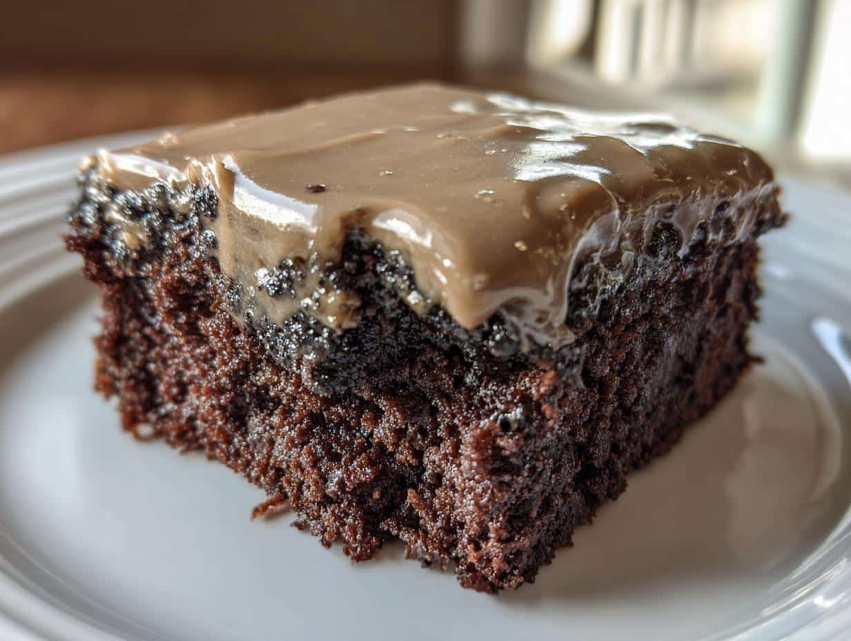 A close-up of a single slice of Frosted Coffee Brownies on a white plate, showing the rich chocolate brownie and smooth coffee frosting.