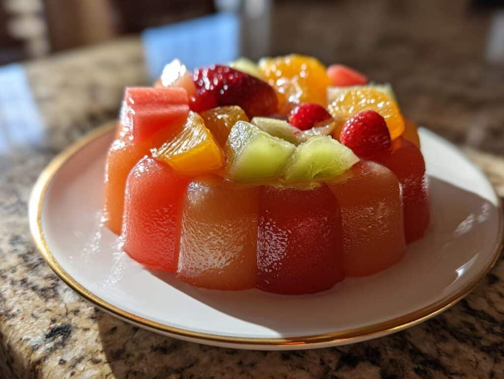 A vibrant fruit-shaped dessert featuring layers of colorful jelly and topped with fresh strawberries, kiwi, and oranges.