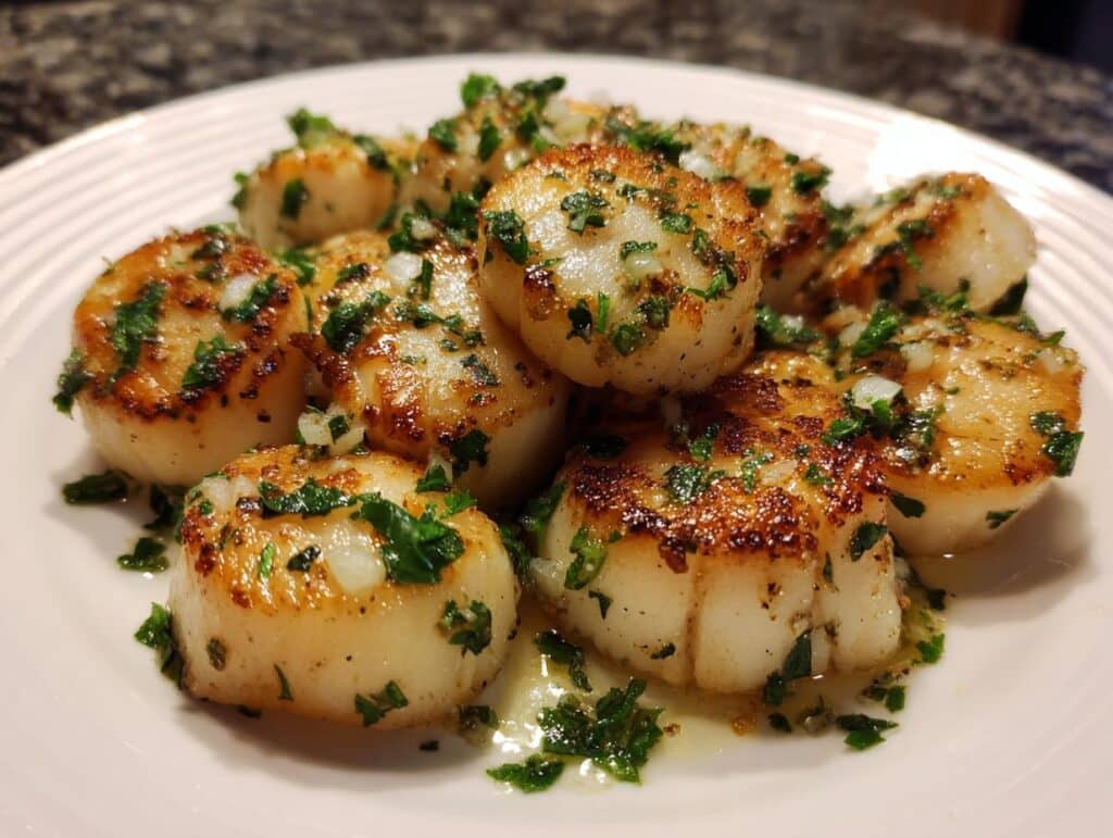 A close-up of golden-brown Garlic Butter Air Fryer Scallops on a white plate, garnished with fresh parsley.