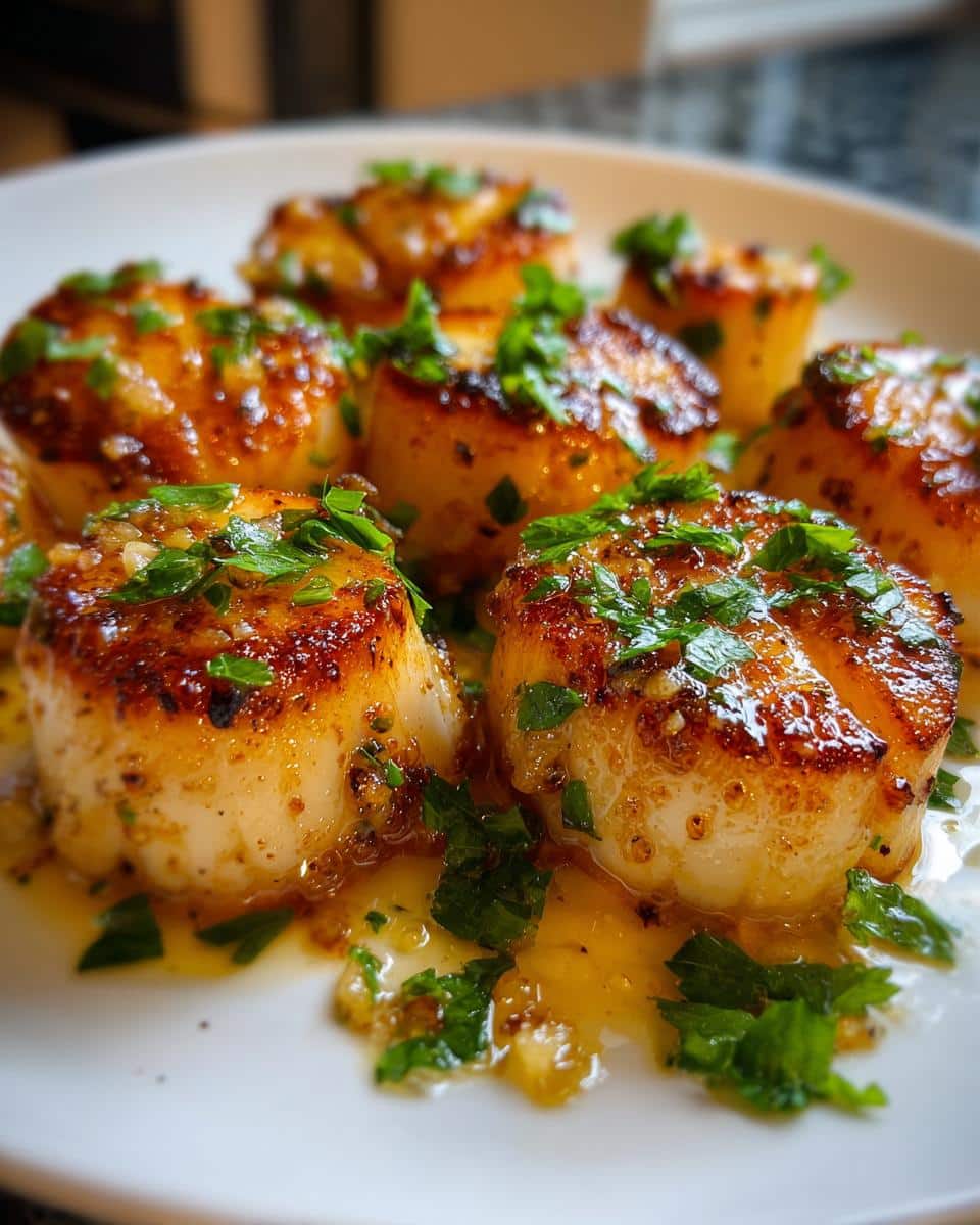 Close-up of golden-brown Garlic Butter Air Fryer Scallops garnished with fresh parsley on a white plate.