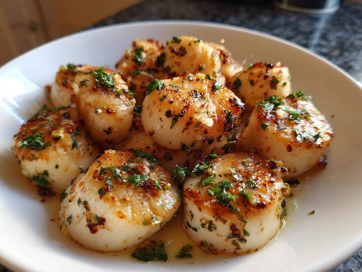 Close-up of golden-brown Garlic Butter Air Fryer Scallops garnished with fresh parsley in a white bowl.