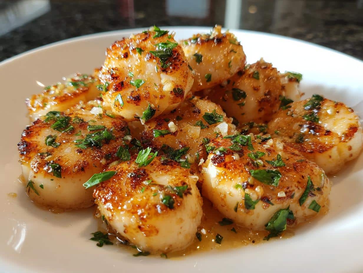 Close-up of golden-brown Garlic Butter Air Fryer Scallops garnished with fresh parsley and minced garlic.