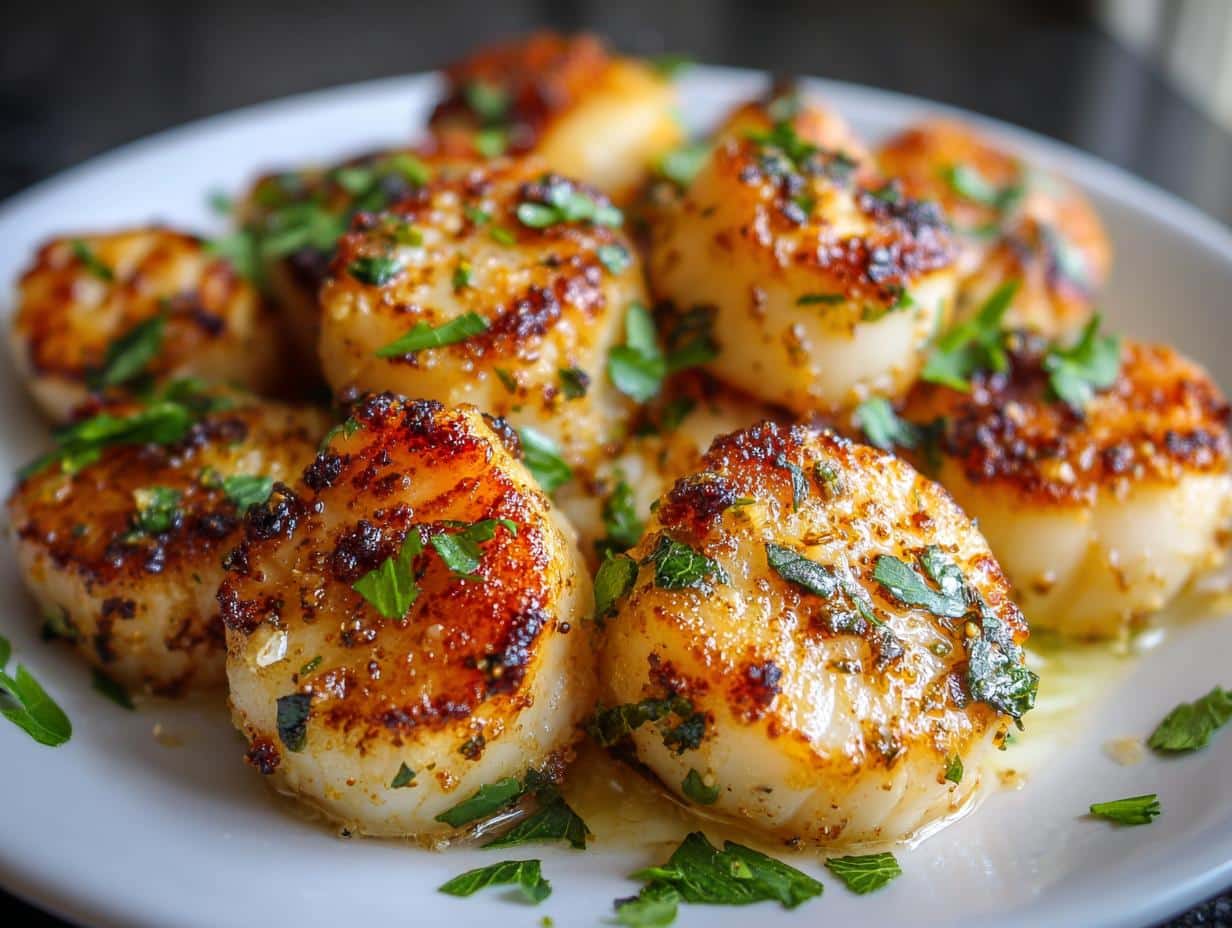 Close-up of golden-brown Garlic Butter Air Fryer Scallops on a white plate, garnished with fresh parsley.