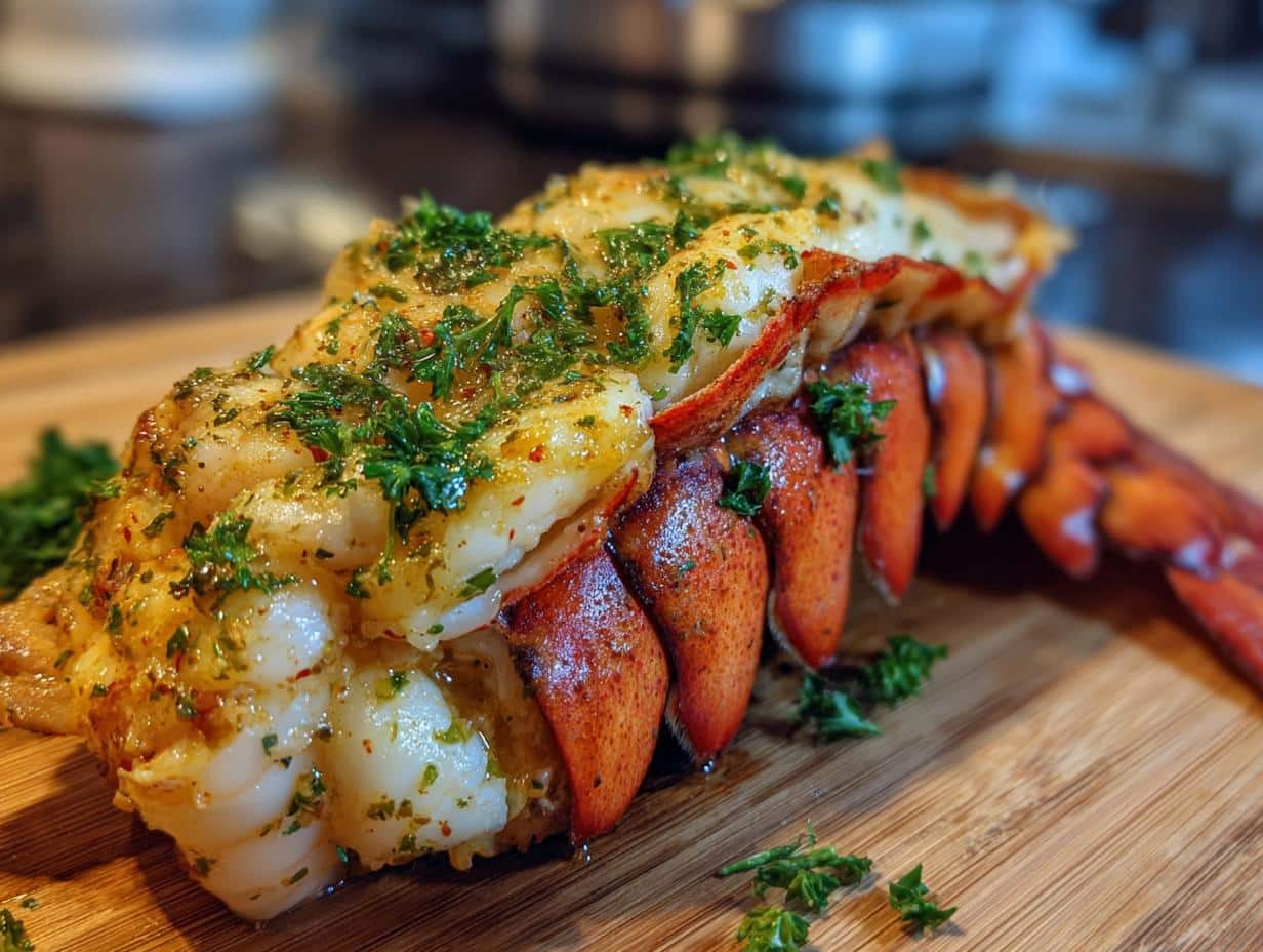 Close-up of a perfectly cooked Garlic Butter Lobster Tails, garnished with fresh parsley on a wooden board.