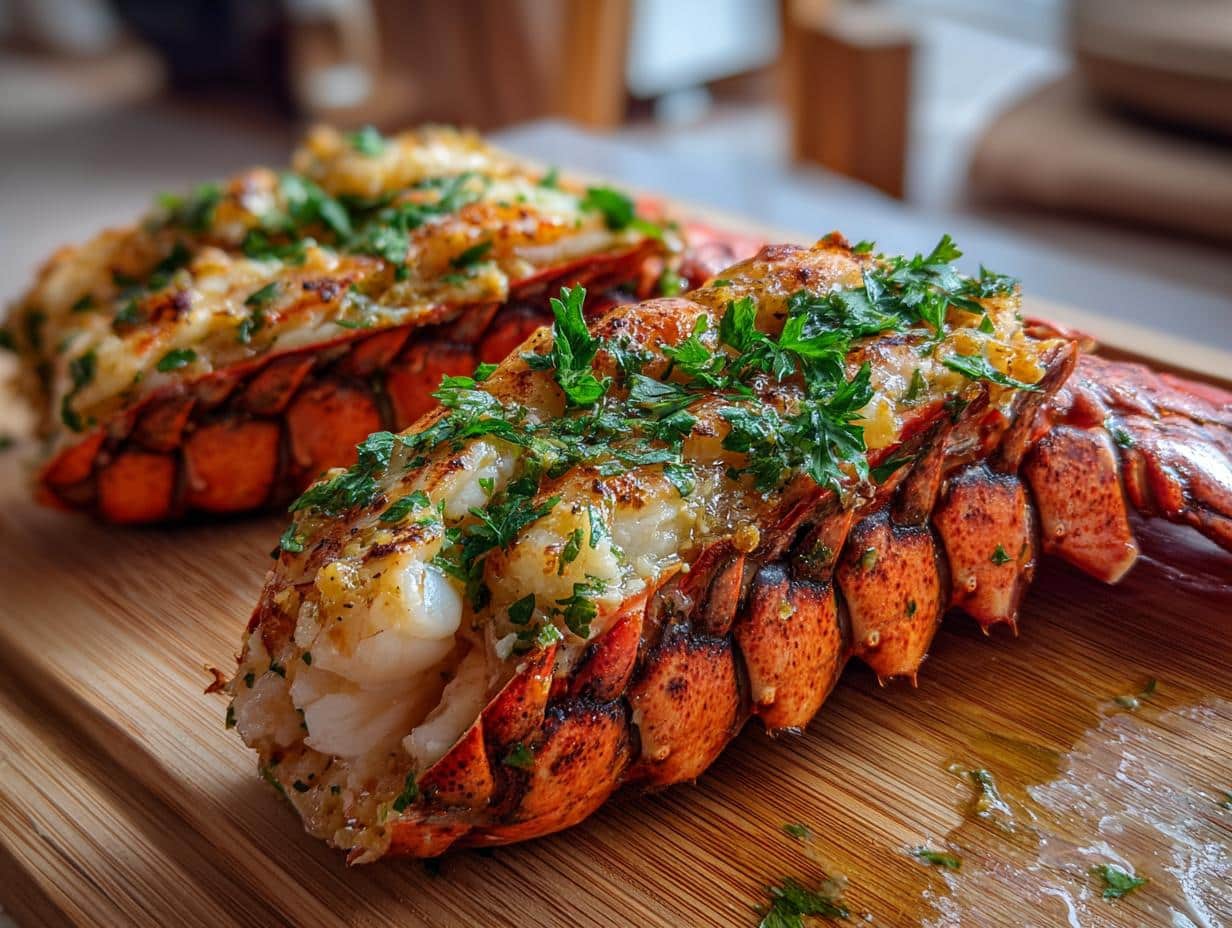 Two succulent Garlic Butter Lobster Tails, garnished with fresh parsley, resting on a wooden cutting board.