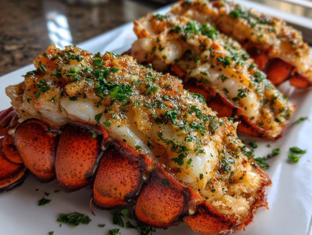 Three beautifully cooked Garlic Butter Lobster Tails, garnished with fresh parsley, presented on a white serving dish.