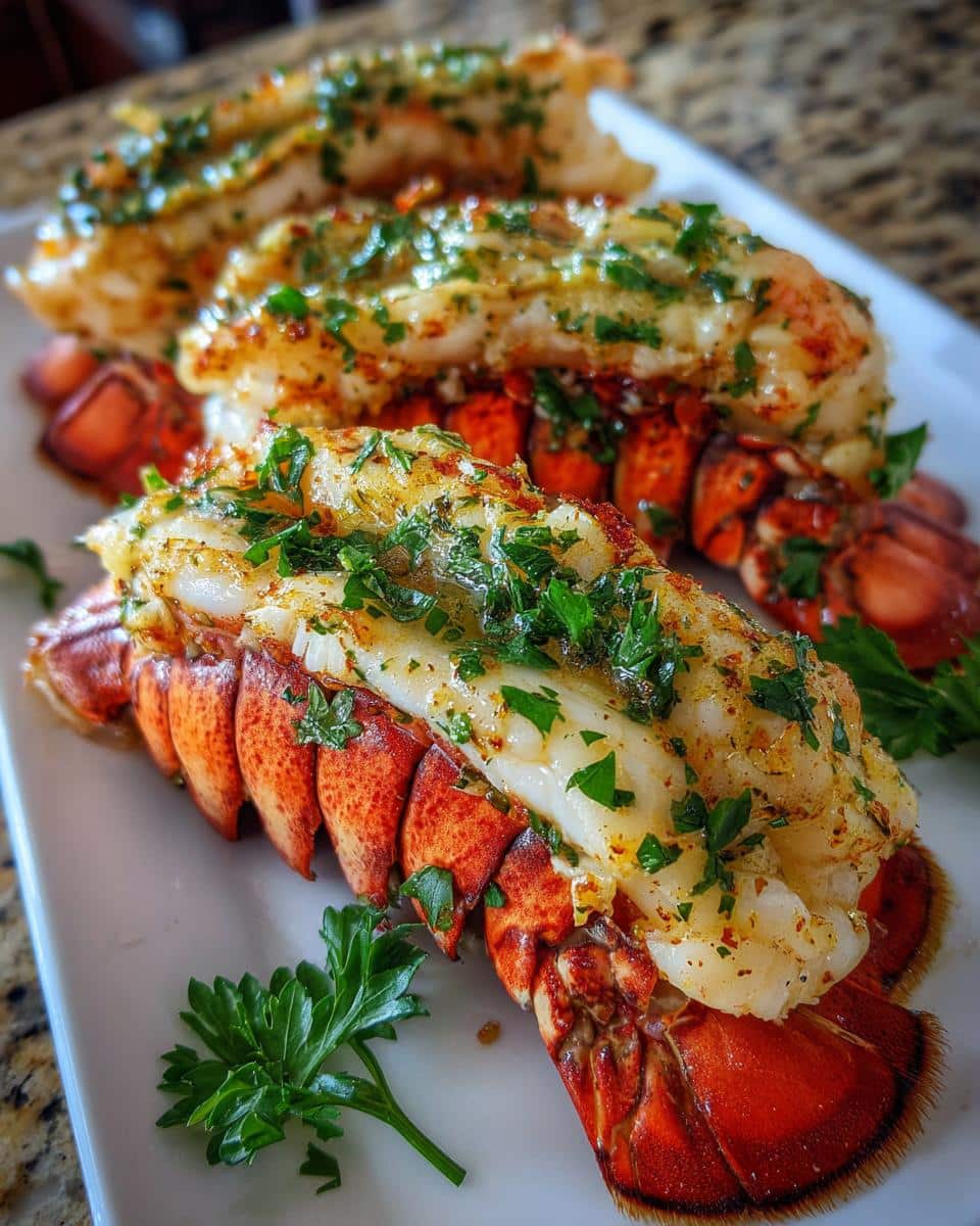 Three perfectly cooked Garlic Butter Lobster Tails, garnished with fresh parsley, served on a white rectangular plate.