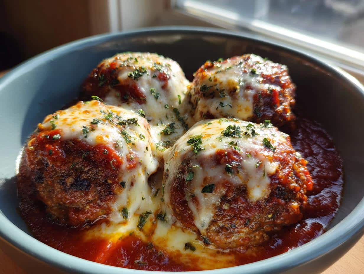 Four delicious Garlic Meatballs With Melted Mozzarella in a bowl with rich tomato sauce, garnished with fresh herbs.