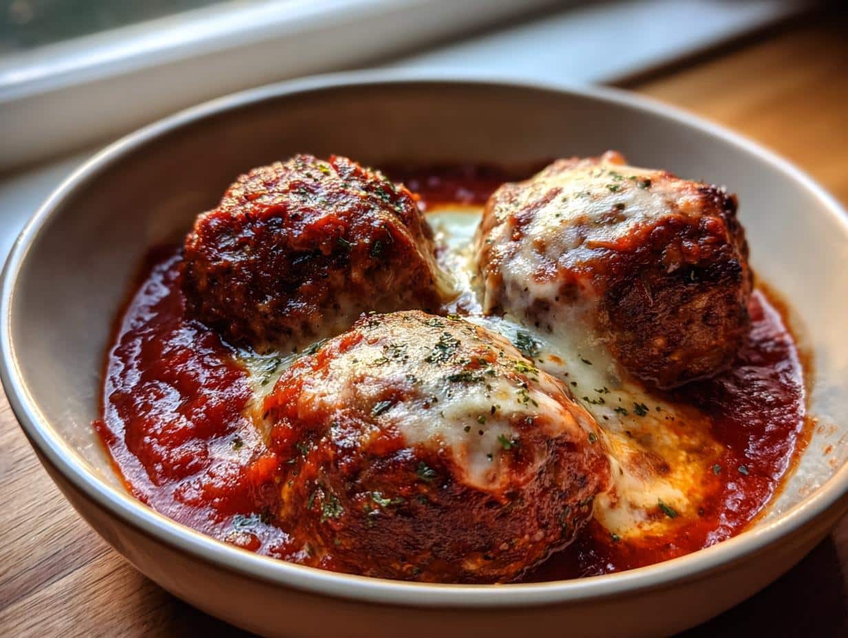 Close-up of three juicy Garlic Meatballs With Melted Mozzarella in a rich red tomato sauce, garnished with herbs.