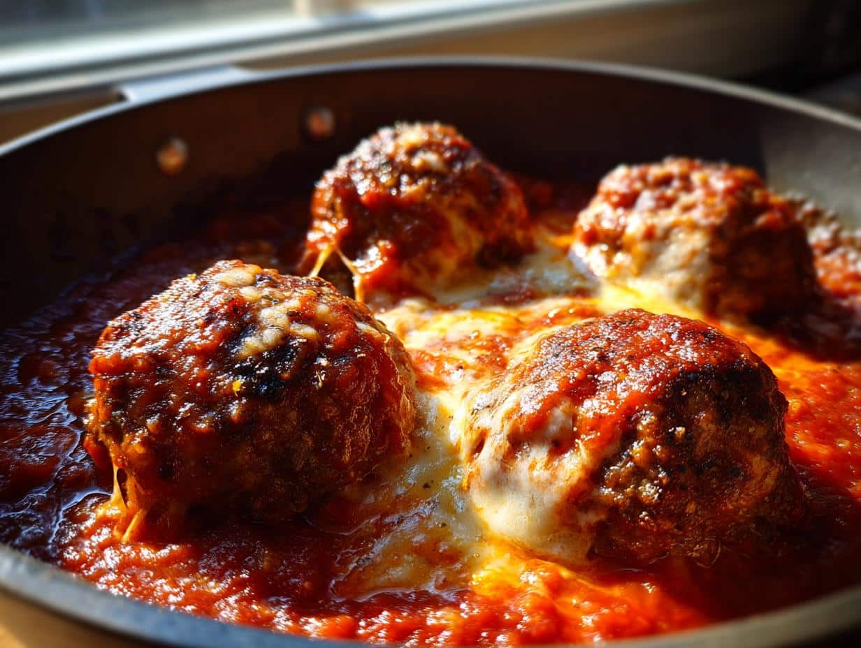 Close-up of bubbling Garlic Meatballs With Melted Mozzarella in a rich tomato sauce, in a pan.