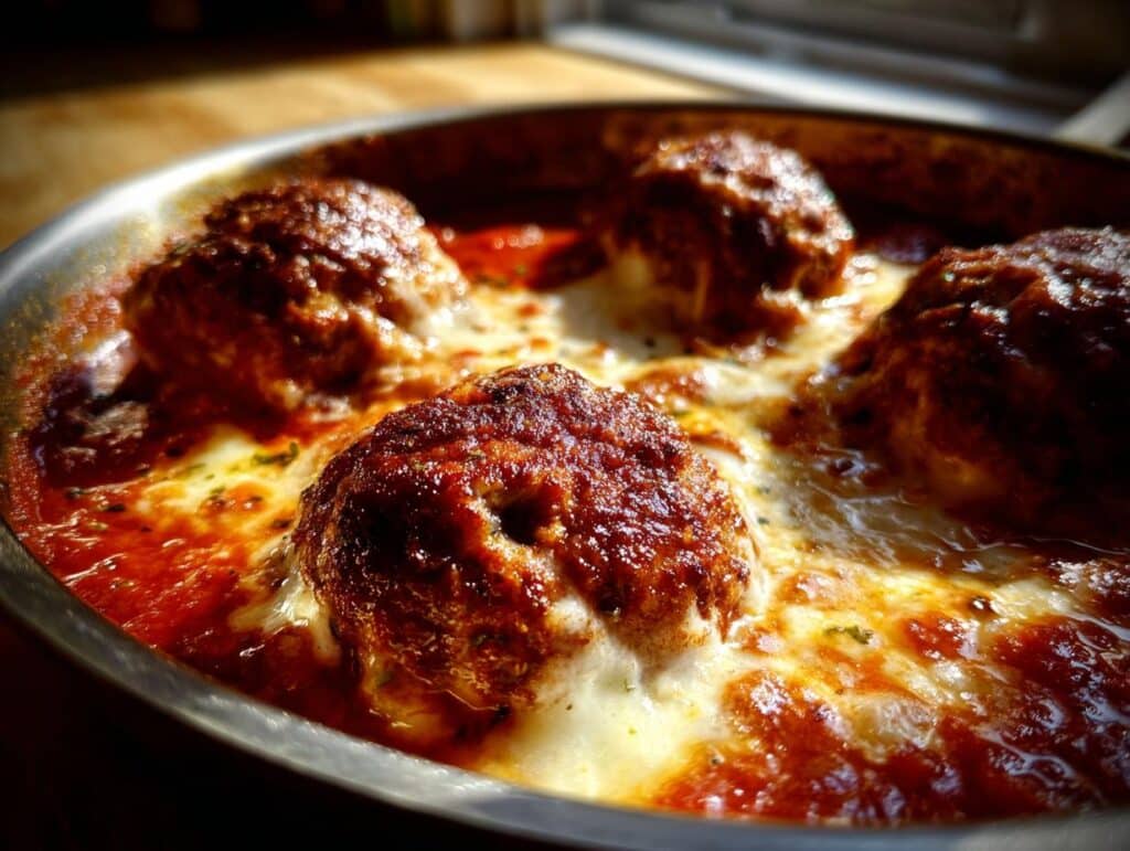 Close-up of a pan filled with Garlic Meatballs With Melted Mozzarella in a rich red tomato sauce.
