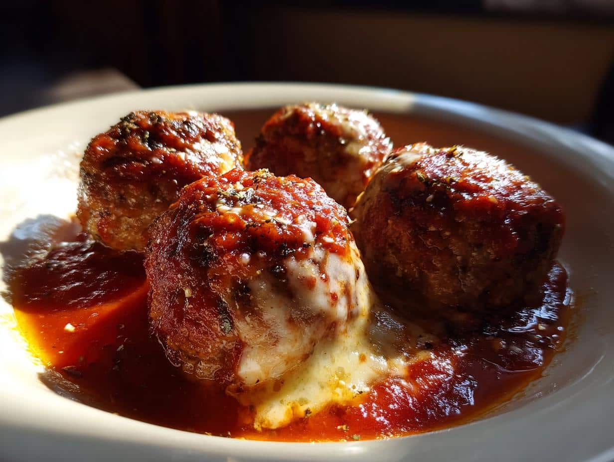 Close-up of four juicy Garlic Meatballs With Melted Mozzarella, coated in rich red sauce and sprinkled with herbs, served in a white bowl.