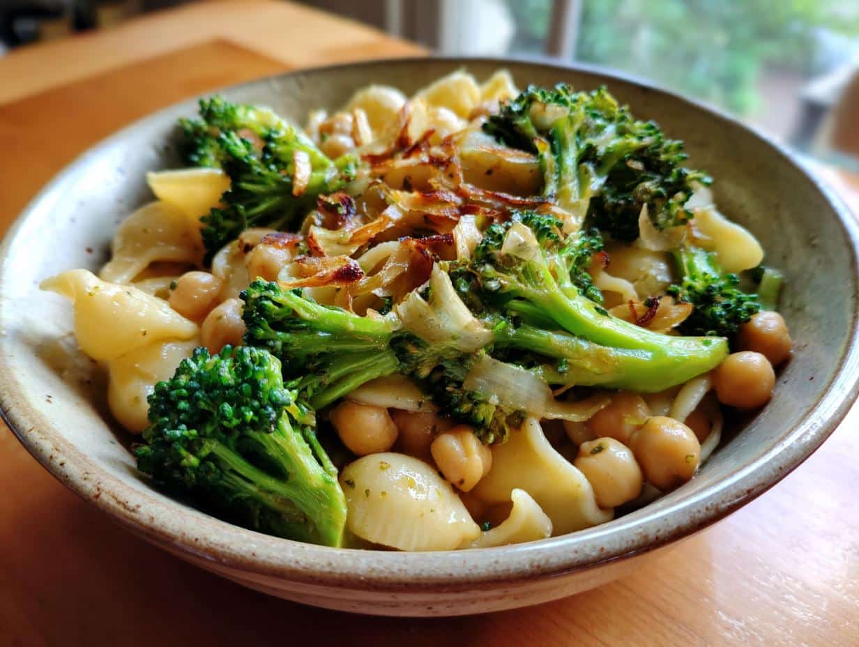 Close-up of a bowl of Garlic Olive Oil Broccoli Chickpea Pasta with roasted broccoli florets and chickpeas.