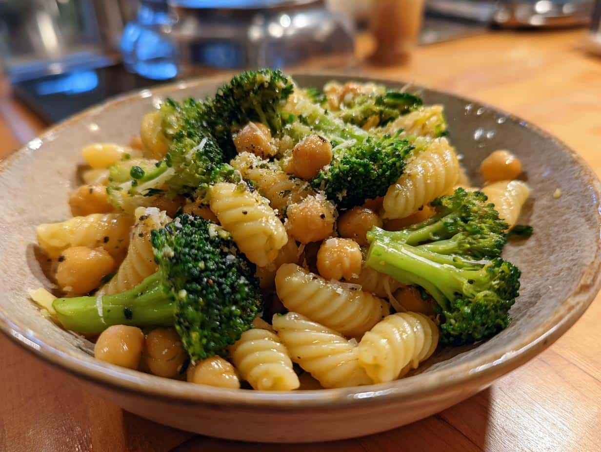 A close-up of a bowl of Garlic Olive Oil Broccoli Chickpea Pasta, garnished with cheese and pepper.
