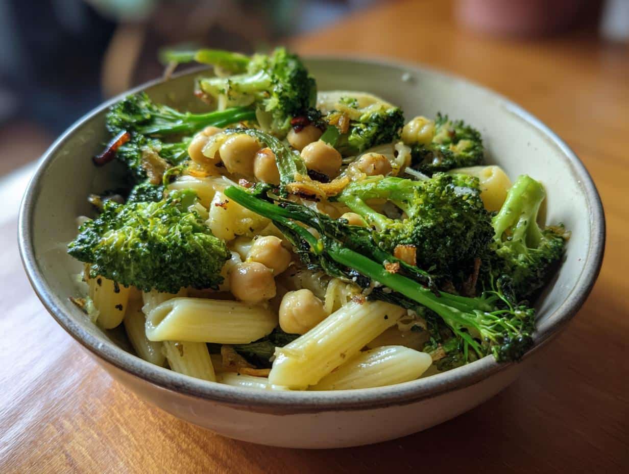 Close-up of a bowl of Garlic Olive Oil Broccoli Chickpea Pasta, featuring penne, roasted broccoli, and chickpeas.