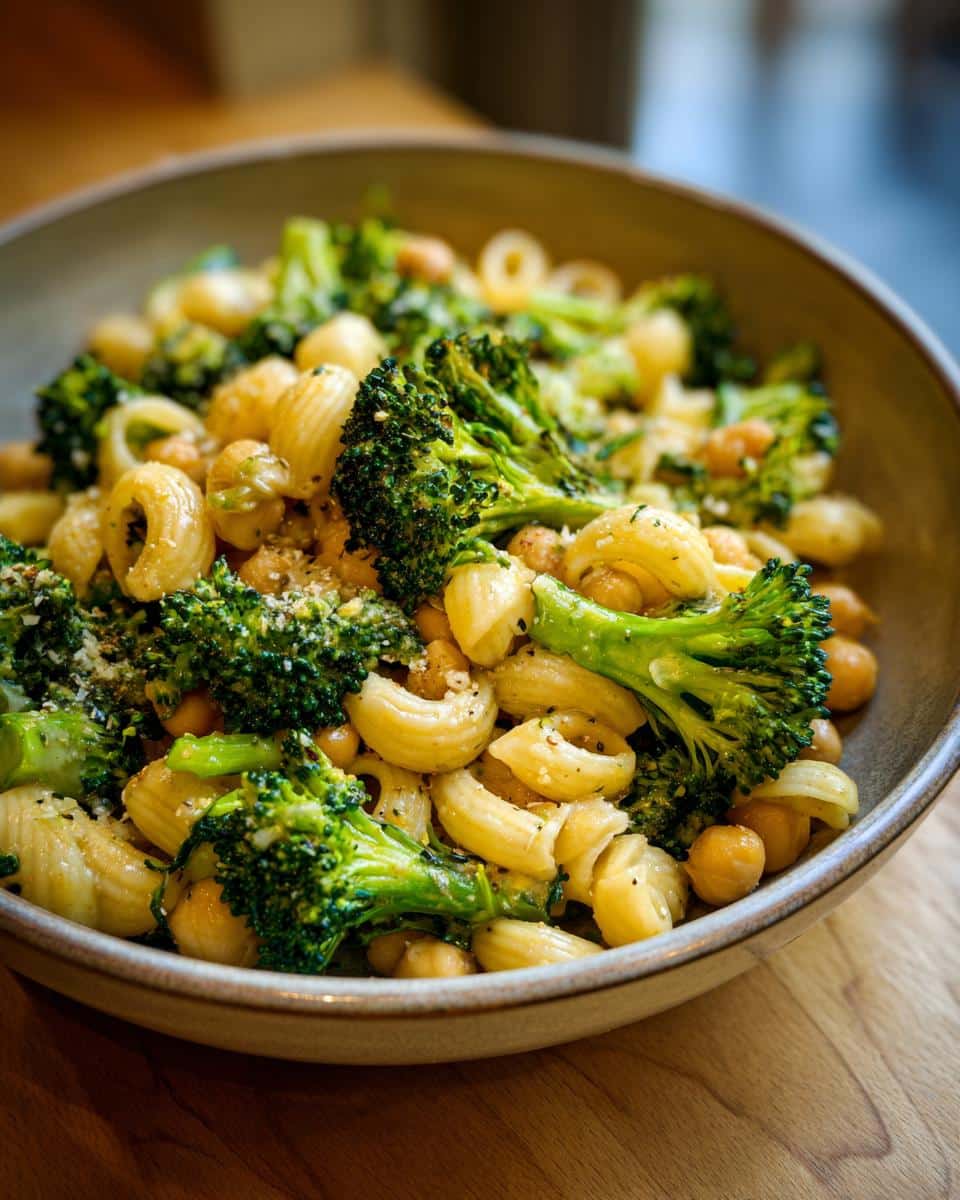 A close-up shot of a bowl of Garlic Olive Oil Broccoli Chickpea Pasta, garnished with grated cheese and pepper.