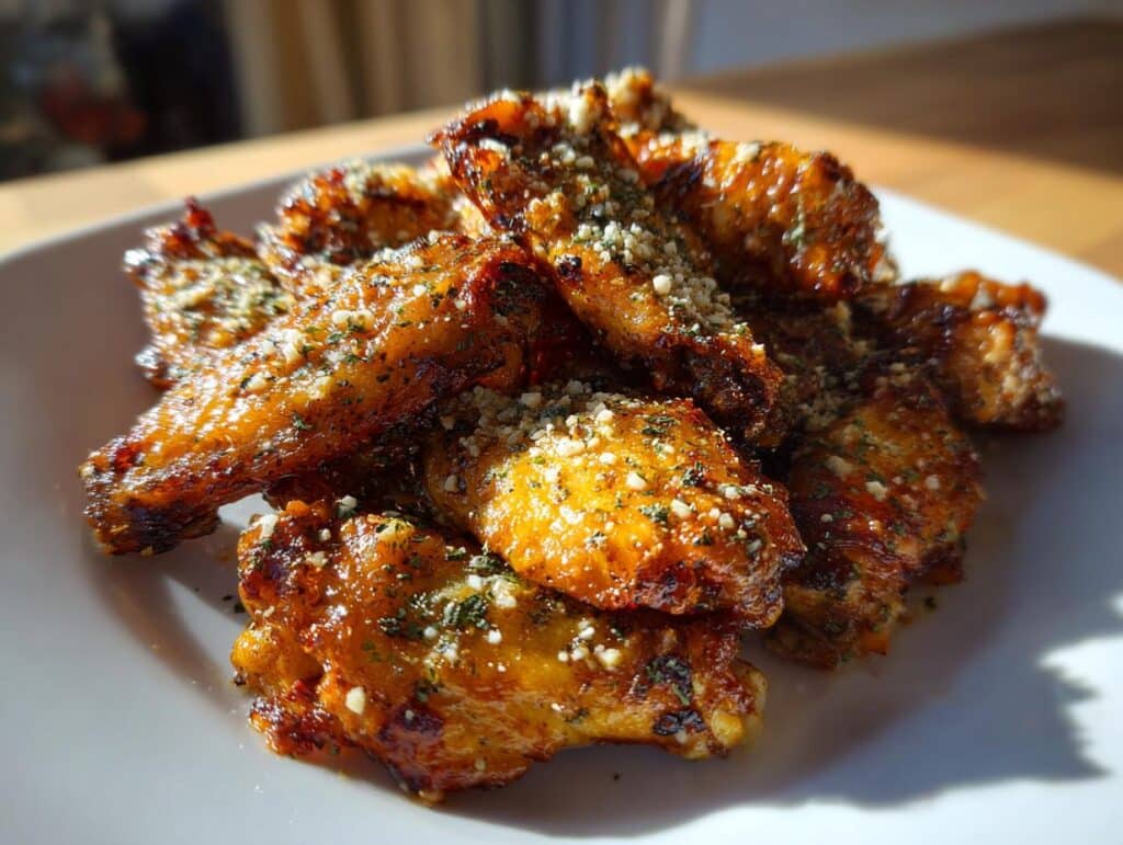 A close-up shot of a plate piled high with crispy, golden-brown Garlic Parmesan Chicken Wings, sprinkled with herbs and cheese.