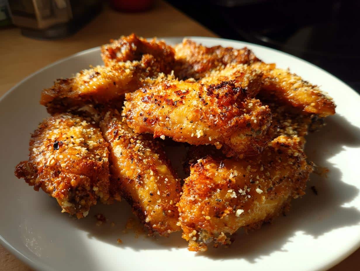 A close-up of a white plate filled with crispy, golden brown Garlic Parmesan Chicken Wings, sprinkled with cheese and seasoning.