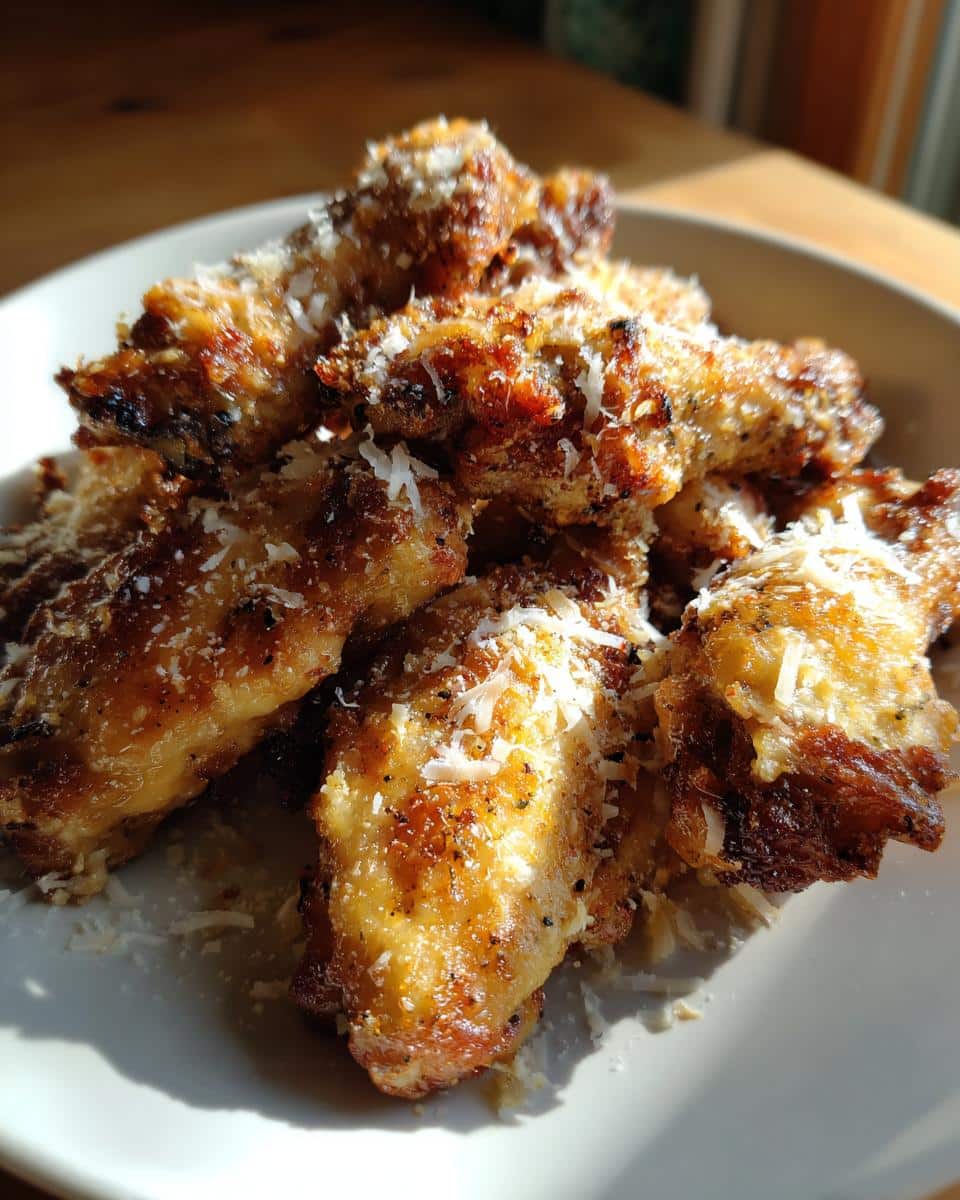 A close-up of a white plate piled high with crispy, golden Garlic Parmesan Chicken Wings, sprinkled with grated cheese.