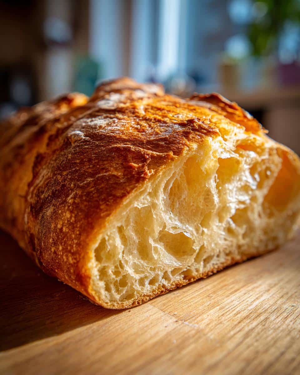 Close-up of a sliced loaf of German Bread showing its airy, open crumb and golden-brown crust.