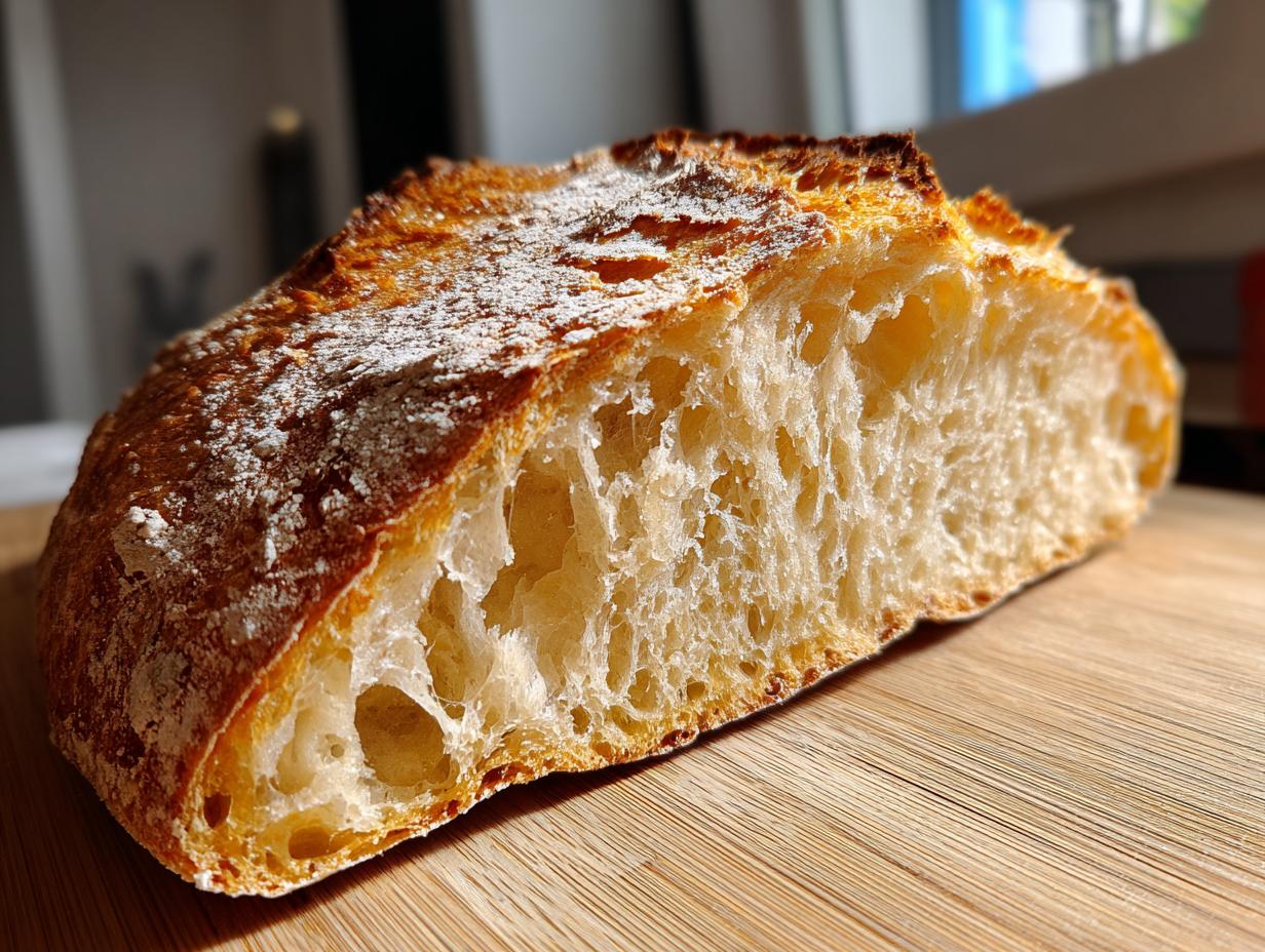 Close-up of a sliced loaf of German Bread showing its airy, open crumb and golden-brown crust on a wooden cutting board.