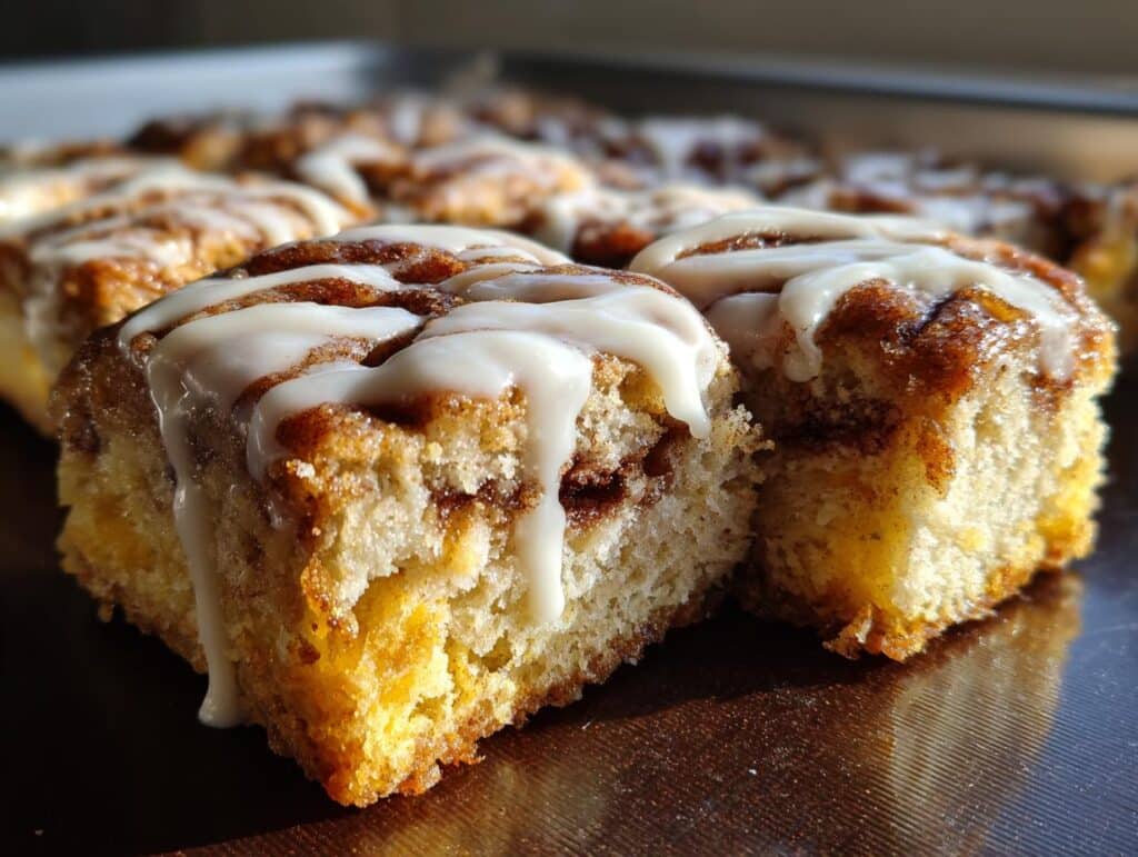 Close-up of two warm, freshly baked Cinnamon Roll Bliss Bars with white icing drizzled on top, showing cinnamon swirls.