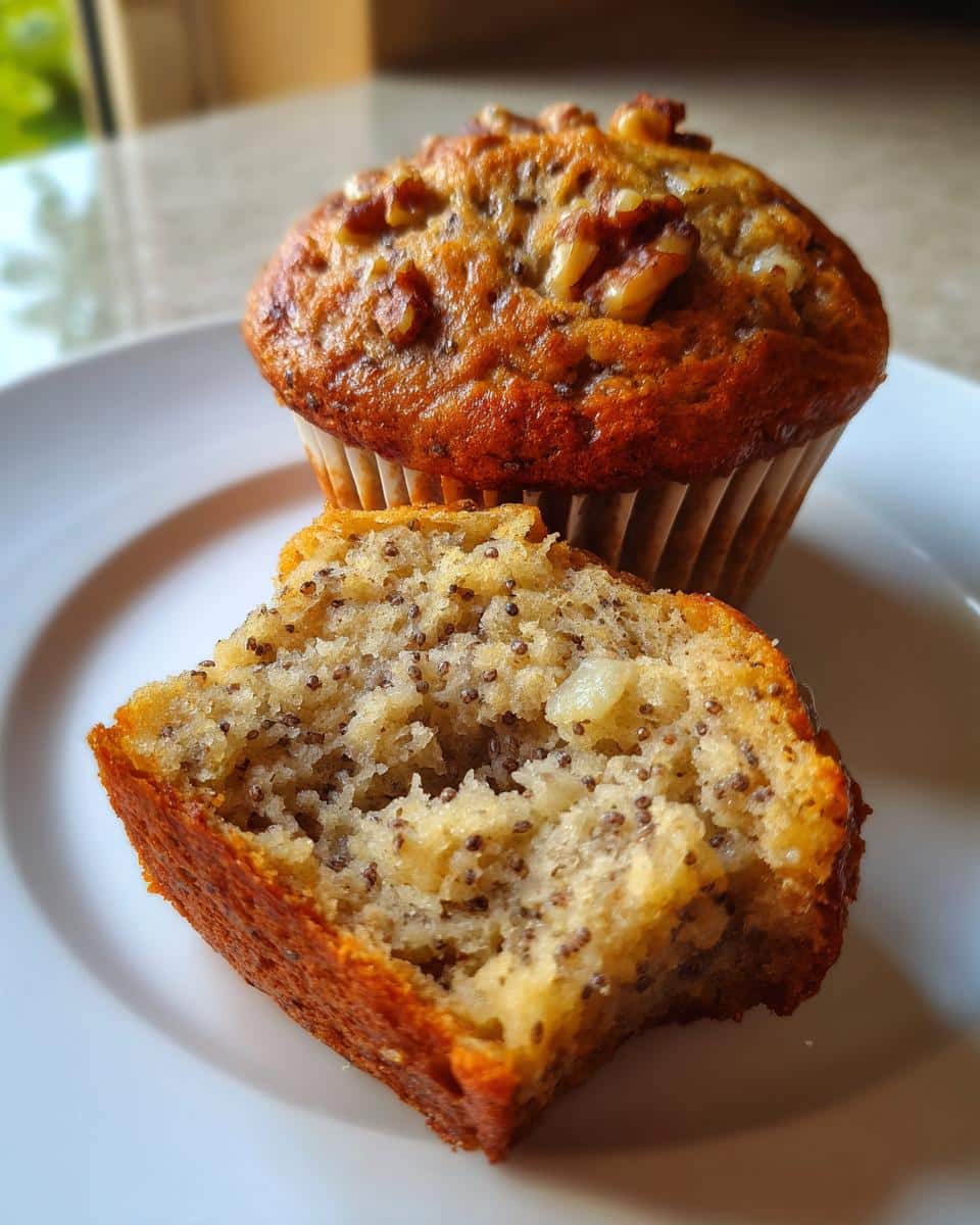 A whole gluten free banana walnut chia muffin next to a half-eaten one, showing the moist interior with chia seeds.