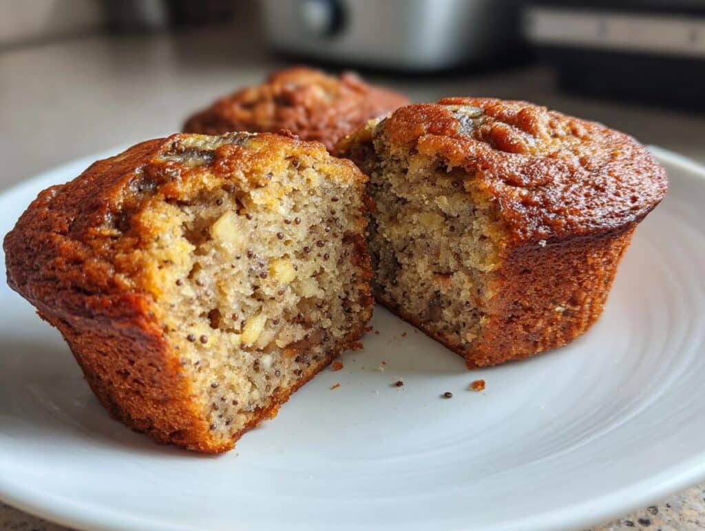 A halved gluten free banana walnut chia muffin on a white plate, showing the moist interior with chia seeds and walnuts.
