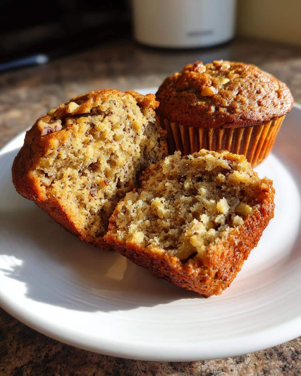 A gluten free banana walnut chia muffin split in half on a white plate, revealing its moist interior with chia seeds and walnuts.