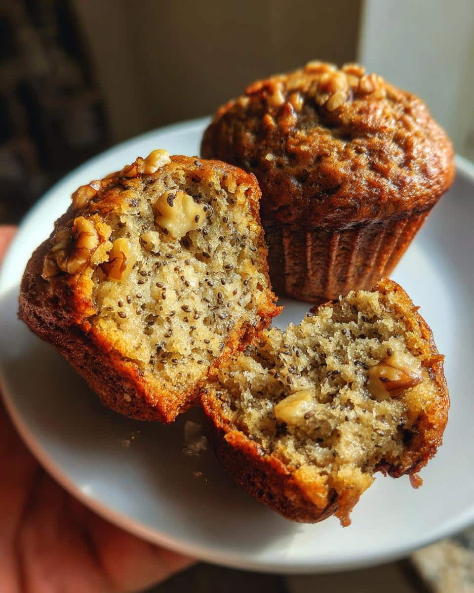 Close-up of two gluten free banana walnut chia muffins on a white plate, one split open to show texture.