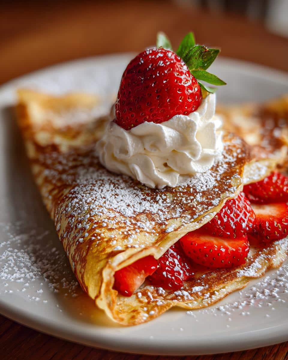 A beautifully folded gluten free French crepe filled with fresh strawberries, topped with whipped cream and a whole strawberry, dusted with powdered sugar.