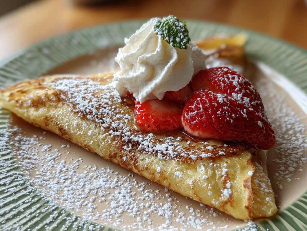 A golden-brown gluten free French crepe folded into a triangle, topped with fresh strawberries, whipped cream, and powdered sugar.