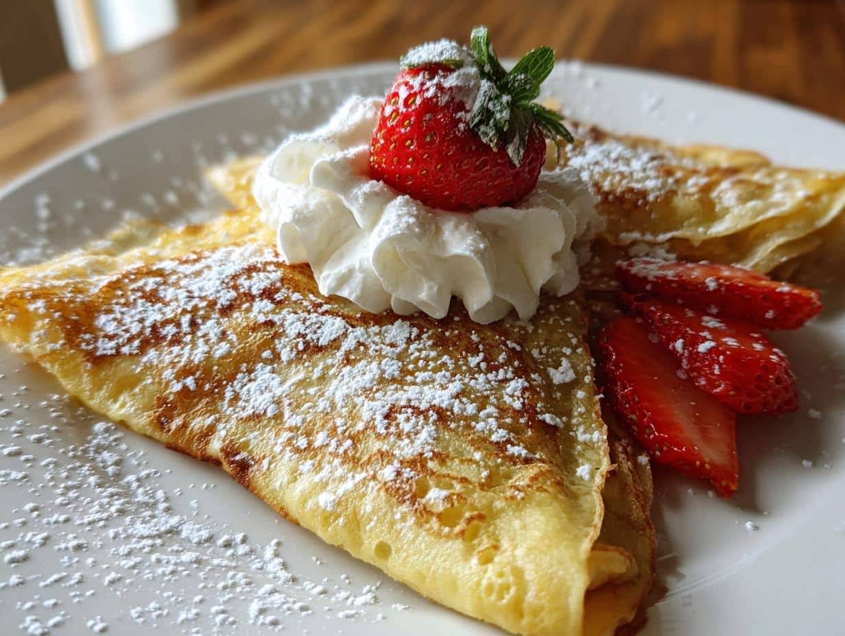Two golden-brown gluten free French crepes folded on a white plate, topped with whipped cream, a whole strawberry, and sliced strawberries, dusted with powdered sugar.