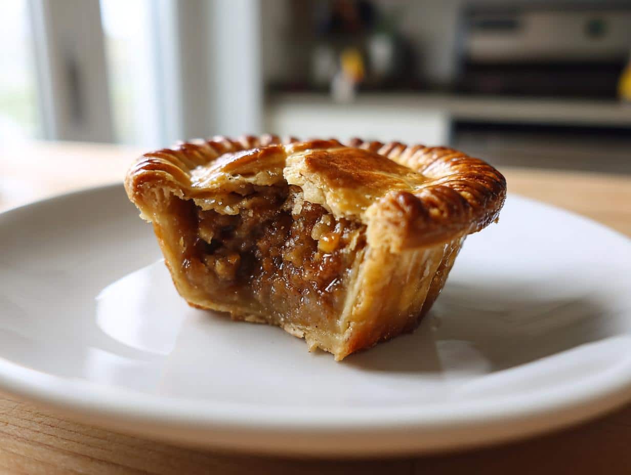 Close-up of a golden-brown gluten free mini tourtiere on a white plate, with a bite taken out revealing the savory filling.