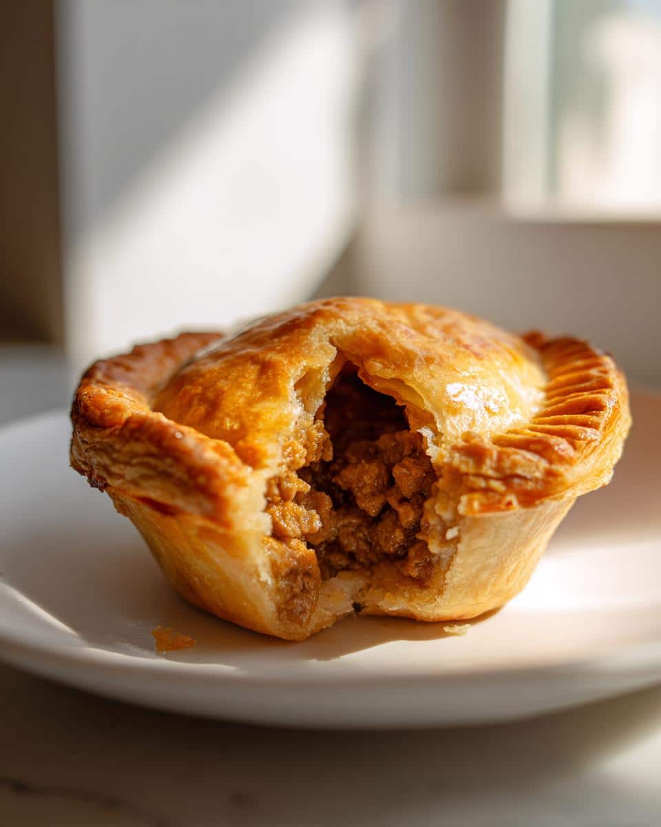 A close-up shot of a golden-brown gluten free mini tourtiere, split open to reveal the savory meat filling inside.