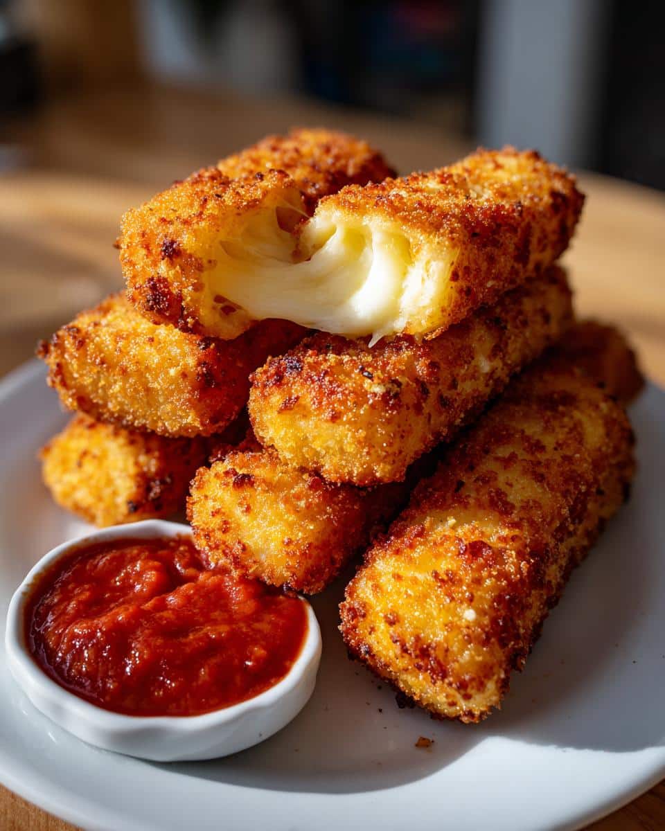 A stack of crispy, golden-brown gluten free mozzarella sticks on a white plate, with one broken open showing gooey melted cheese, next to a small bowl of red marinara sauce.