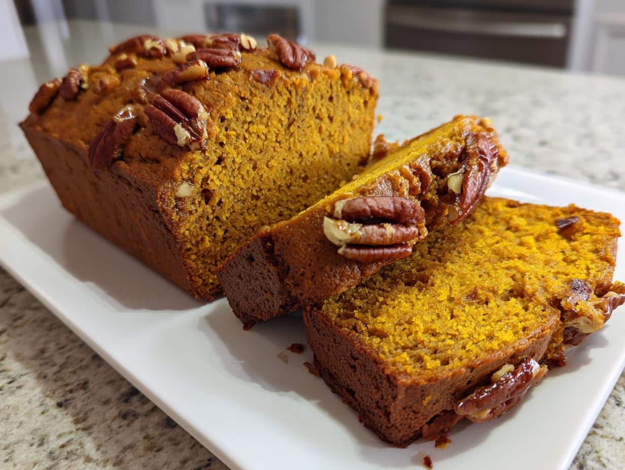A whole loaf of gluten free pumpkin bread with two slices cut, topped with pecans, on a white platter.
