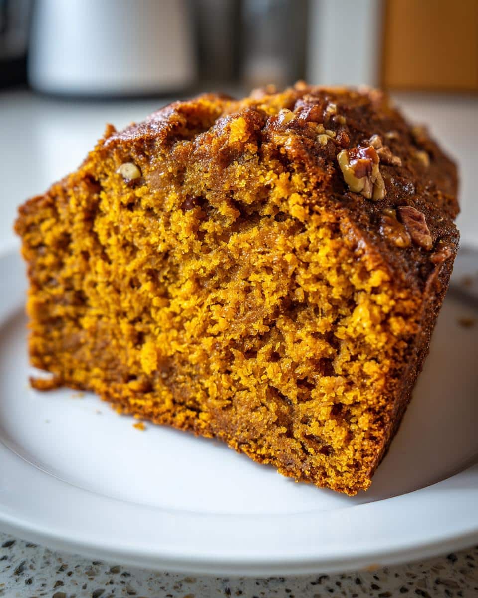 Close-up of a moist slice of gluten free pumpkin bread, topped with chopped nuts, on a white plate.