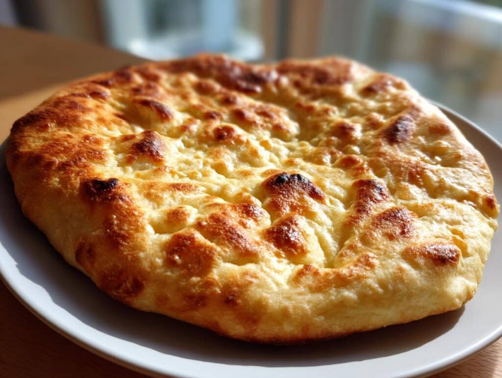 A perfectly baked, golden brown 5 ingredient gluten free flatbread on a white plate, showing a slightly bubbly, textured surface.