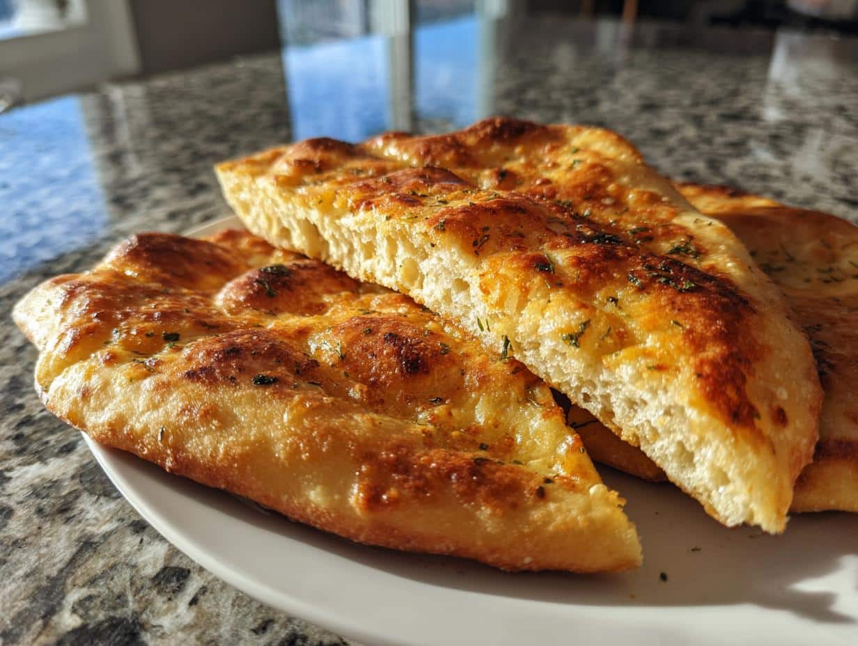 Close-up of golden brown 5 ingredient gluten free flatbread pieces on a white plate, garnished with herbs.