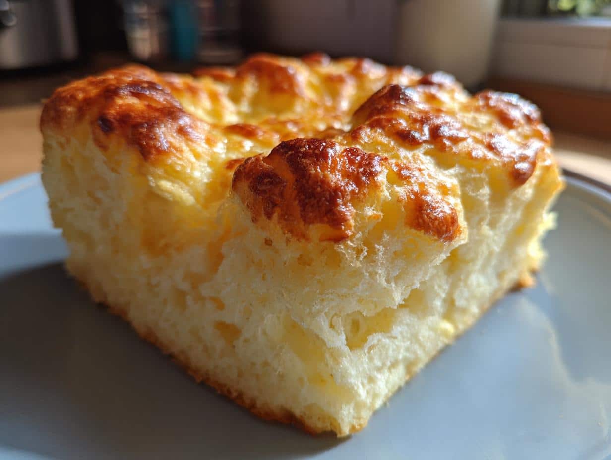 Close-up of a golden brown cloud bread slice on a blue plate, showing its airy texture. Perfect for a cloud bread recipe easy keto low carb.