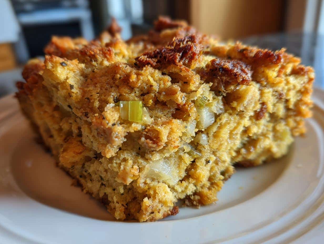 A close-up shot of a serving of golden brown cornbread stuffing on a white plate, showing visible pieces of celery and onion.