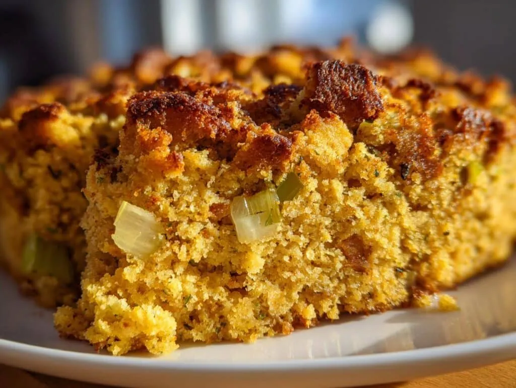 A close-up of a golden brown cornbread stuffing slice on a white plate, showing crispy edges and visible green onions.