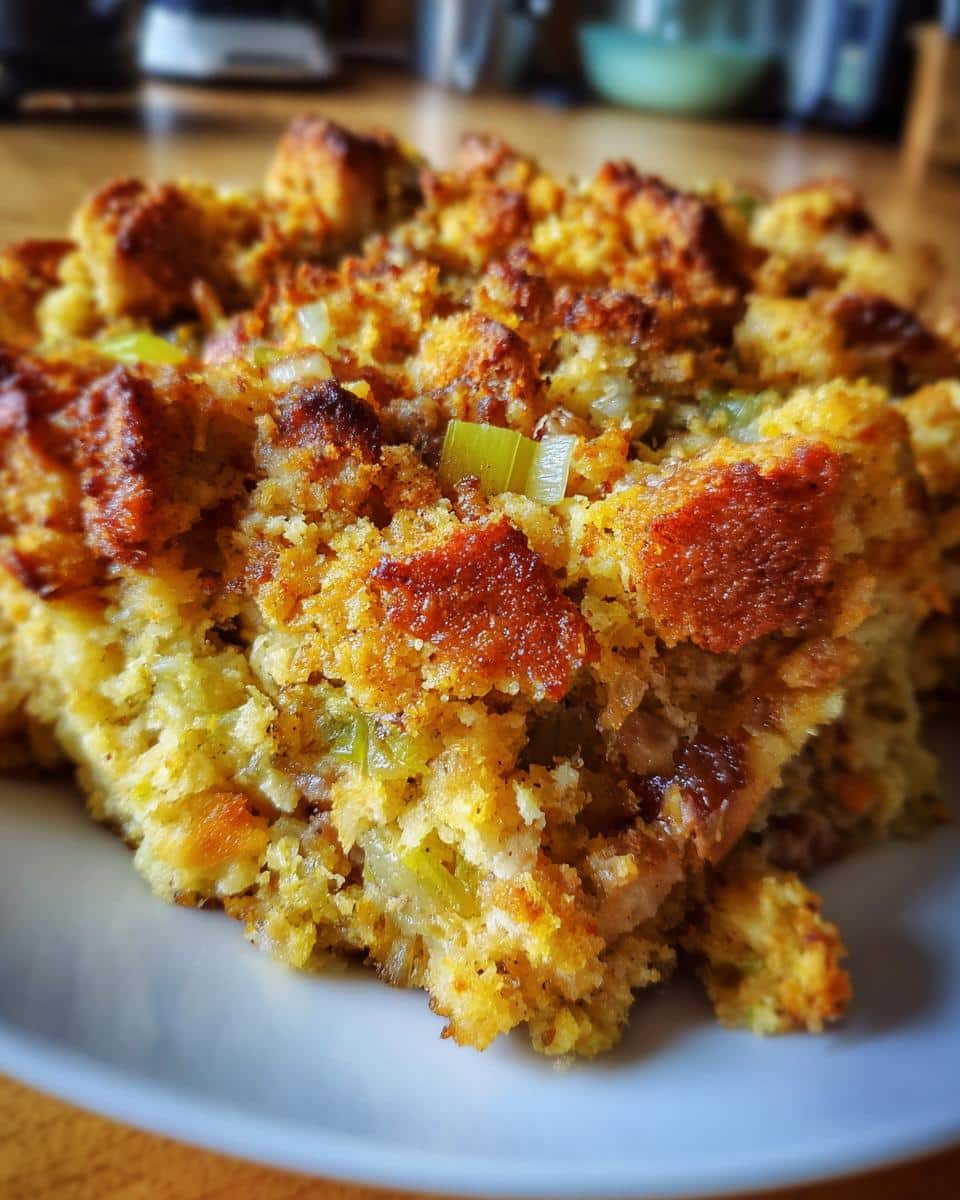 A close-up shot of a serving of golden brown cornbread stuffing with visible pieces of celery and crispy edges.