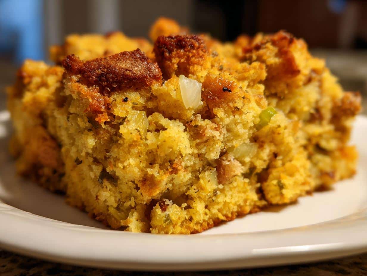 A close-up shot of a serving of golden brown cornbread stuffing on a white plate, showing crispy edges and visible herbs.