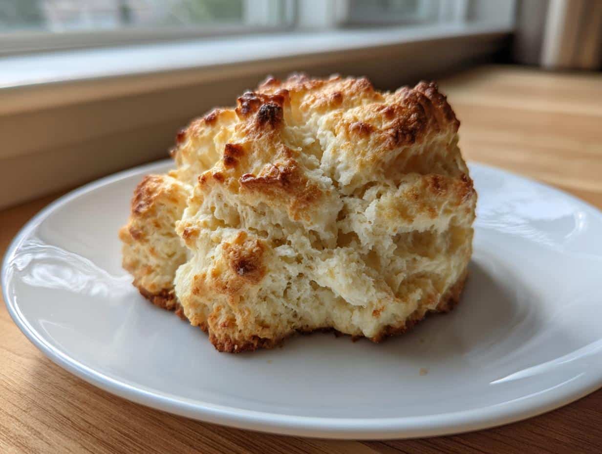 A perfectly baked, golden brown gluten free biscuit on a white plate, showcasing its flaky texture.