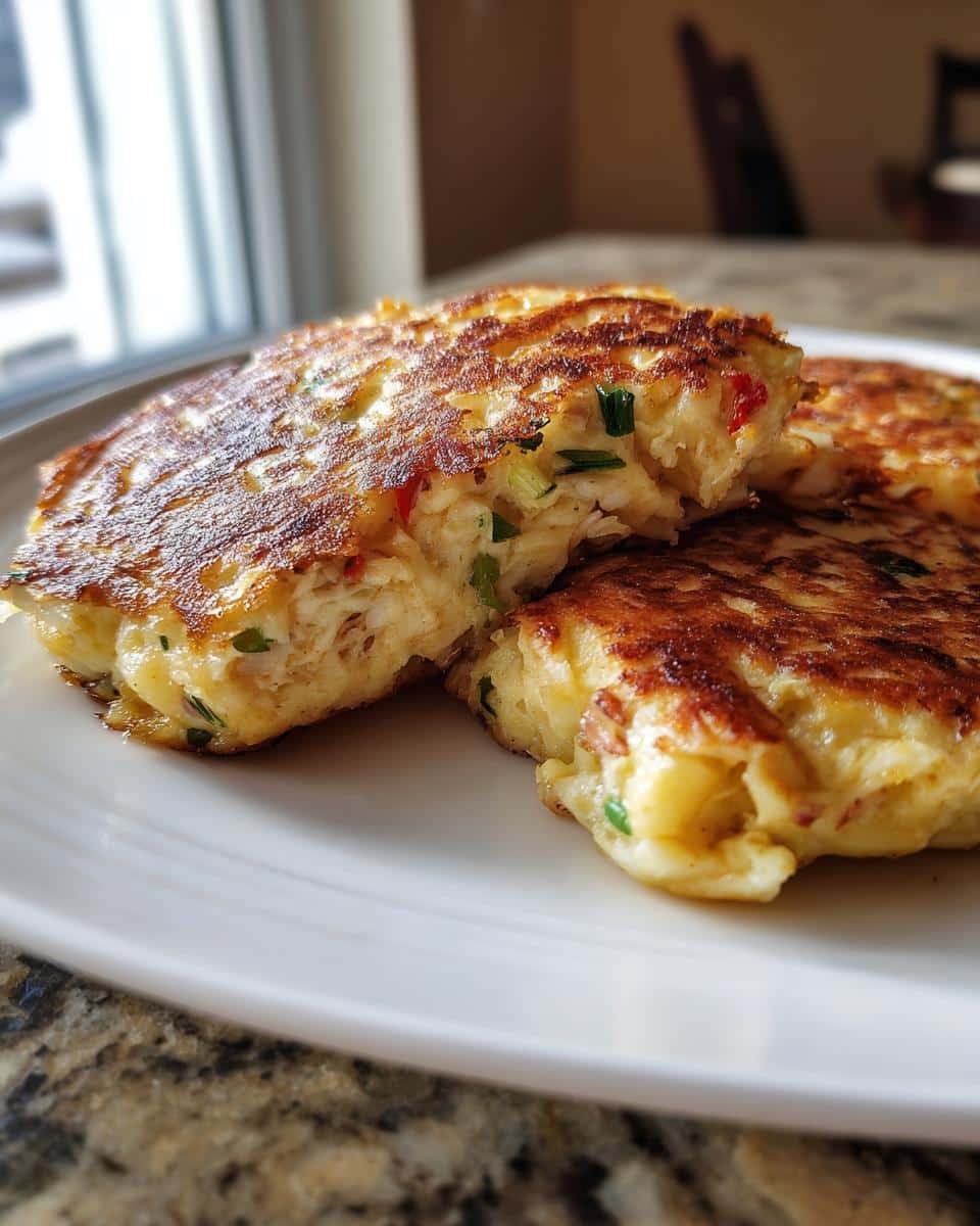 Close-up of golden brown tuna cakes on a white plate, with one cake cut open revealing the interior ingredients. This is a tuna cakes recipe.